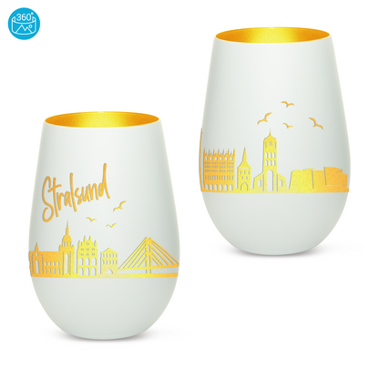 Hochwertiges Glas Windlicht mit Gravur "SKYLINE STRALSUND" in der Farbe Weiß/Gold