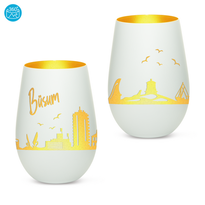 Hochwertiges Glas Windlicht mit Gravur "SKYLINE BÜSUM" in der Farbe Weiß/Gold