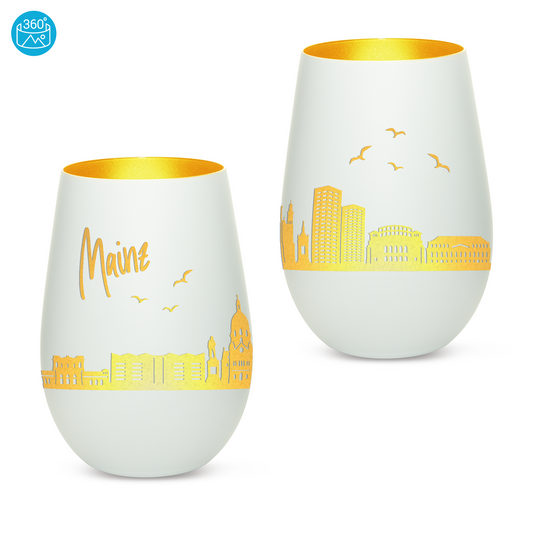 Hochwertiges Glas Windlicht mit Gravur "SKYLINE MAINZ" in der Farbe Weiß/Gold