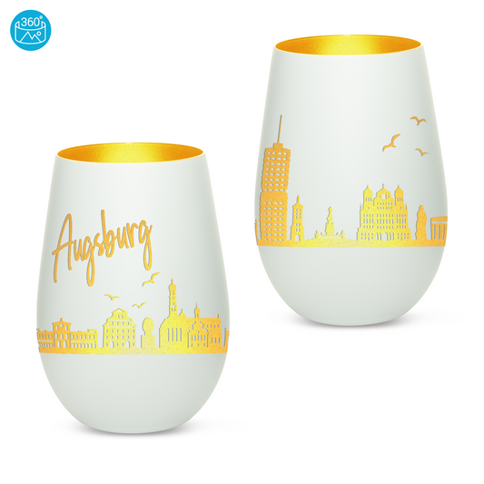 Hochwertiges Glas Windlicht mit Gravur "SKYLINE AUGSBURG" in der Farbe Weiß/Gold