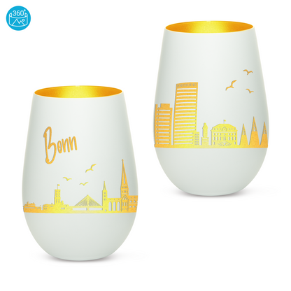 Hochwertiges Glas Windlicht mit Gravur "SKYLINE BONN" in der Farbe Weiß/Gold