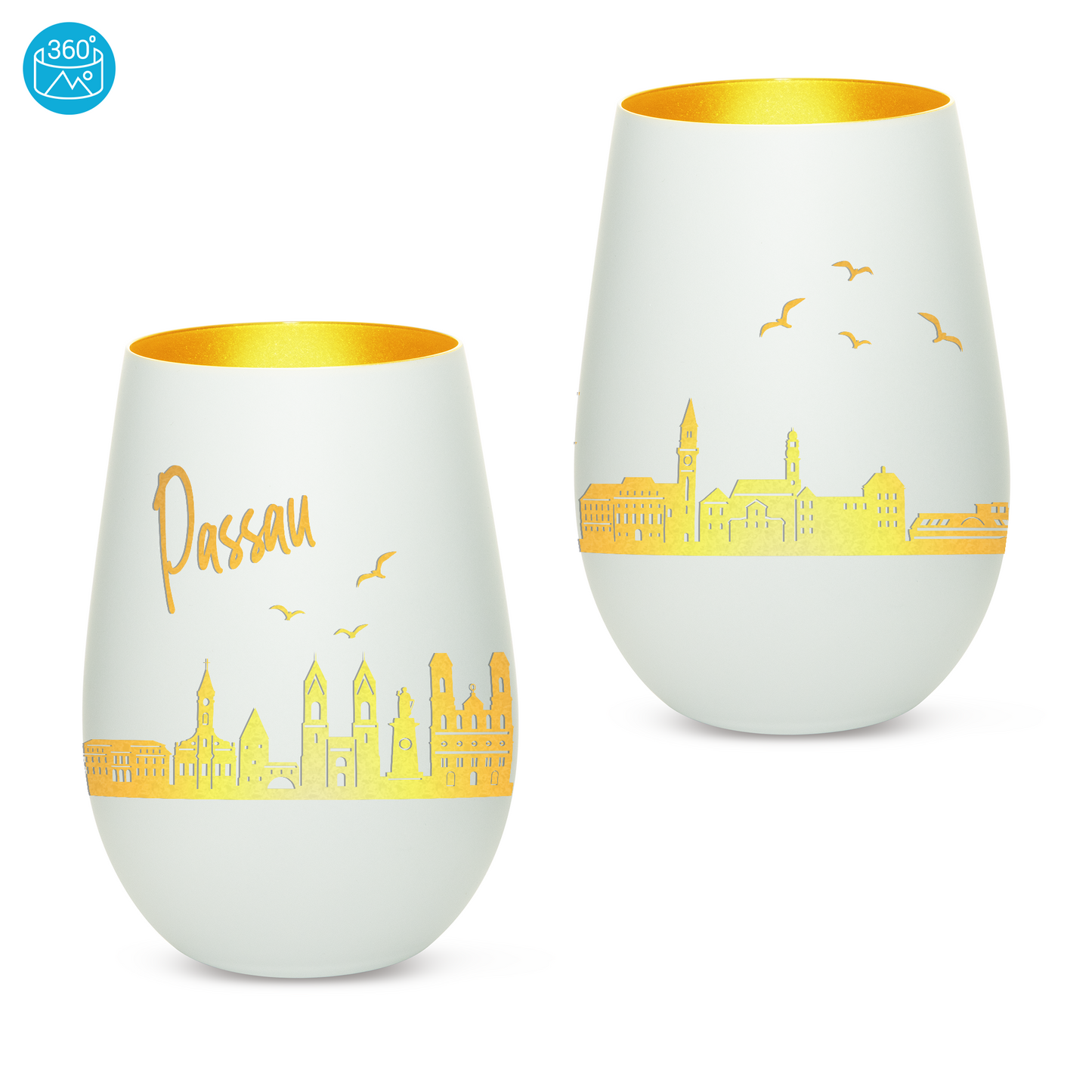 Hochwertiges Glas Windlicht mit Gravur "SKYLINE PASSAU" in der Farbe Weiß/Gold