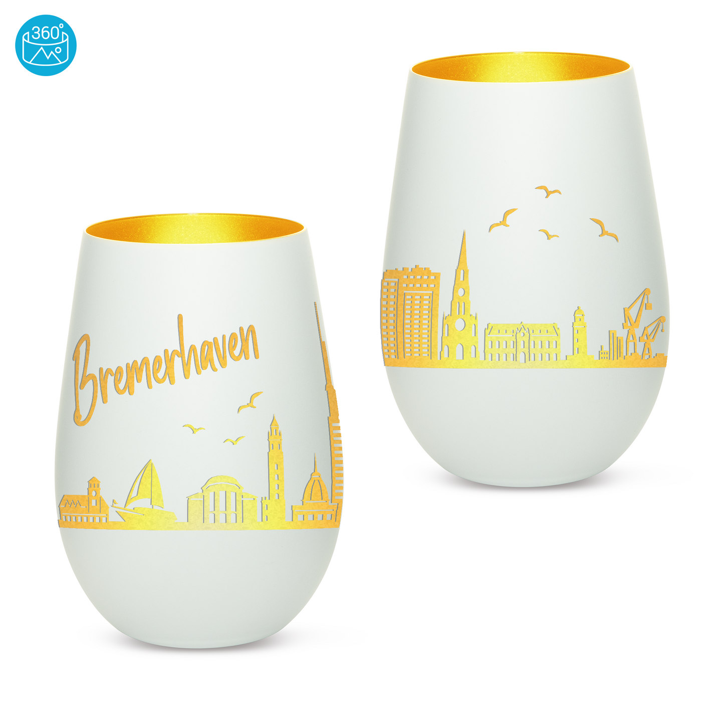 Hochwertiges Glas Windlicht mit Gravur "SKYLINE BREMERHAVEN" in der Farbe Weiß/Gold