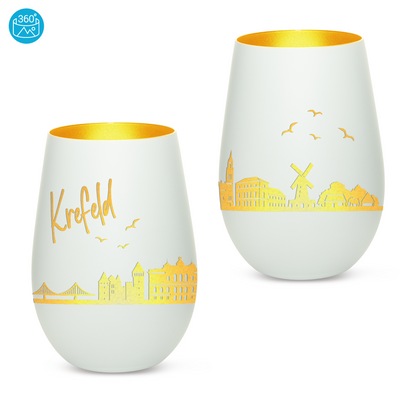 Hochwertiges Glas Windlicht mit Gravur "SKYLINE KREFELD" in der Farbe Weiß/Gold
