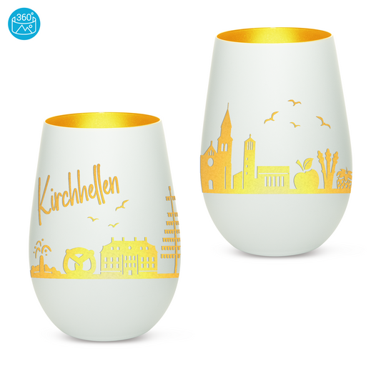 Hochwertiges Glas Windlicht mit Gravur "SKYLINE KIRCHHELLEN" in der Farbe Weiß/Gold