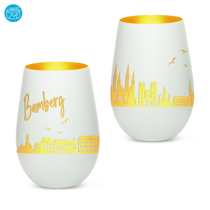 Hochwertiges Glas Windlicht mit Gravur "SKYLINE BAMBERG" in der Farbe Weiß/Gold