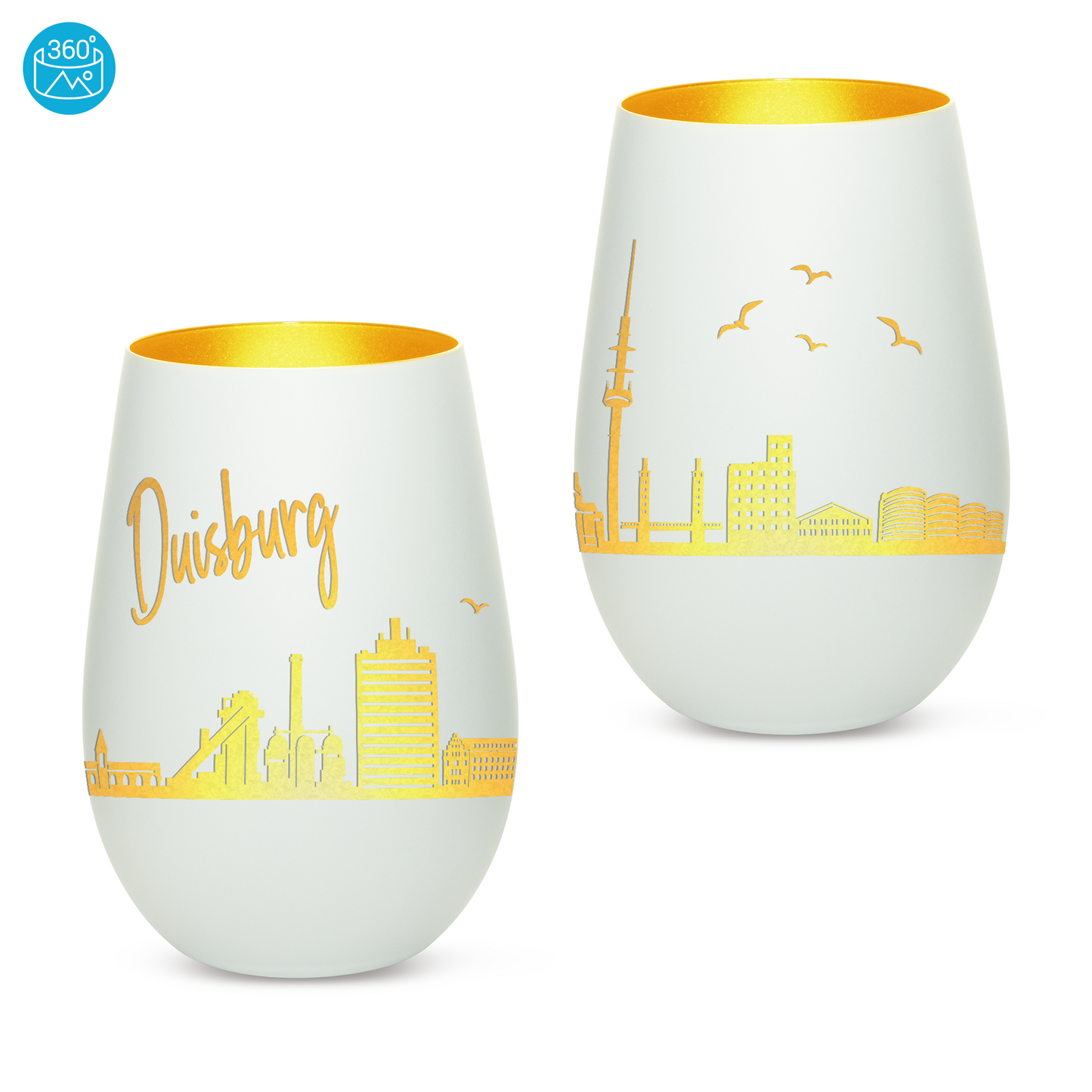 Hochwertiges Glas Windlicht mit Gravur "SKYLINE DUISBURG" in der Farbe Weiß/Gold