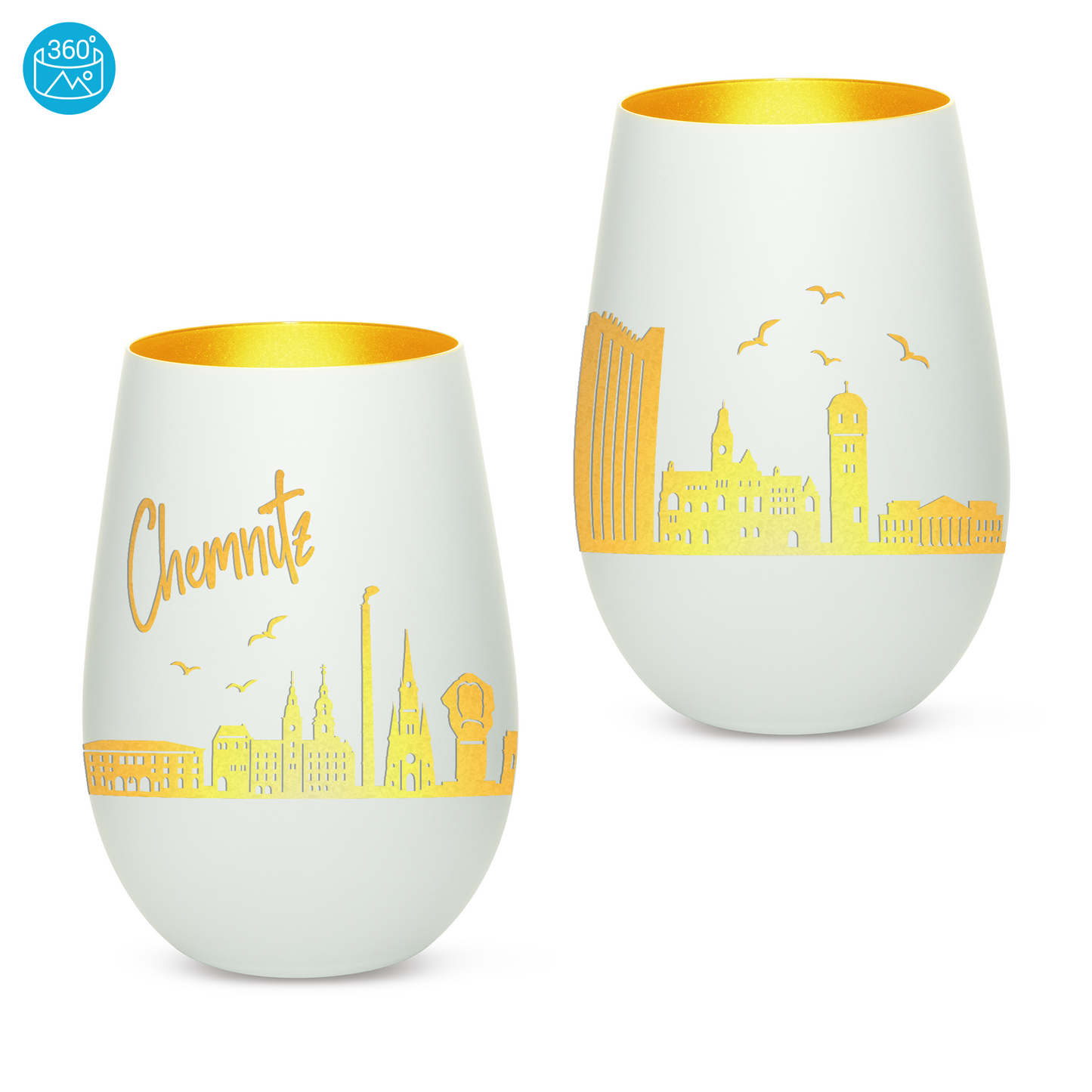 Hochwertiges Glas Windlicht mit Gravur "SKYLINE CHEMNITZ" in der Farbe Weiß/Gold