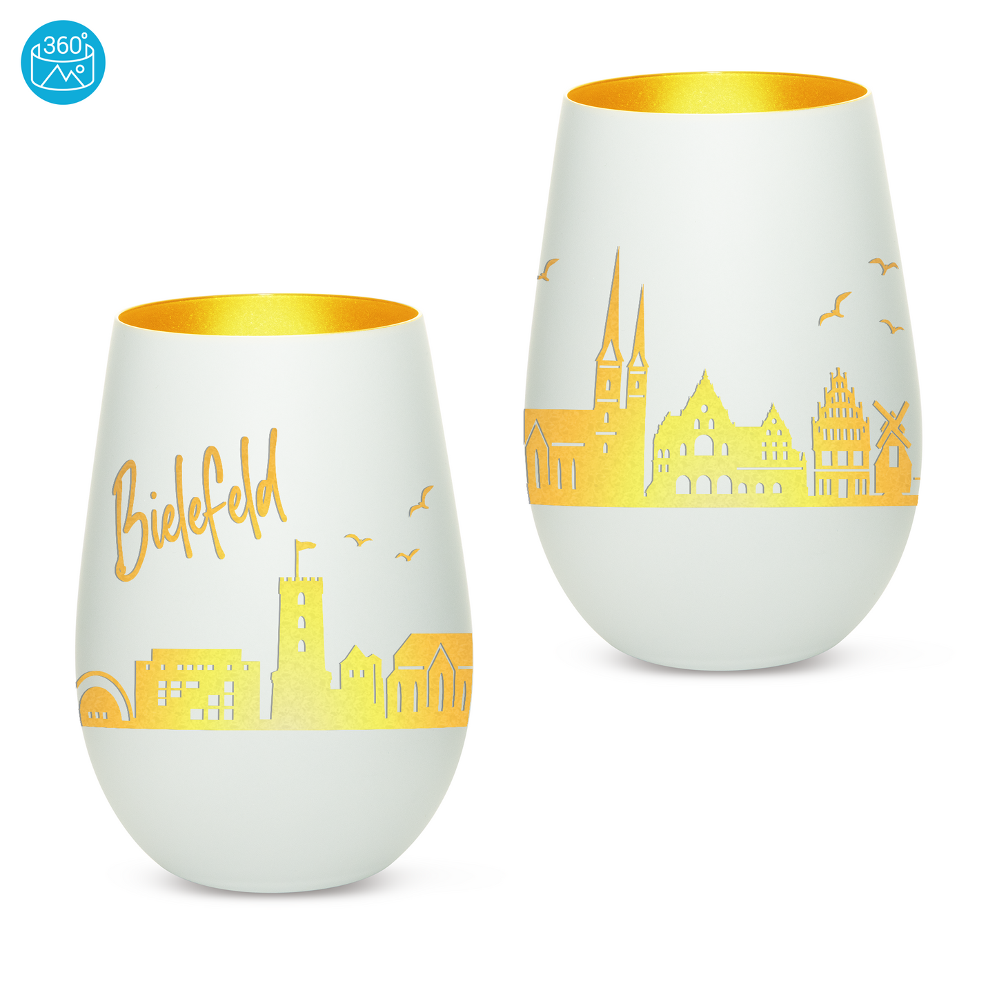 Hochwertiges Glas Windlicht mit Gravur "SKYLINE BIELEFELD" in der Farbe Weiß/Gold