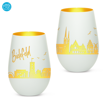 Hochwertiges Glas Windlicht mit Gravur "SKYLINE BIELEFELD" in der Farbe Weiß/Gold