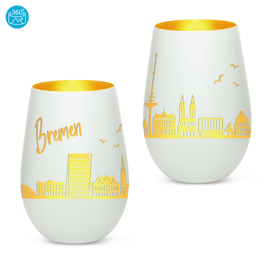 Hochwertiges Glas Windlicht mit Gravur "SKYLINE BREMEN" in der Farbe Weiß/Gold