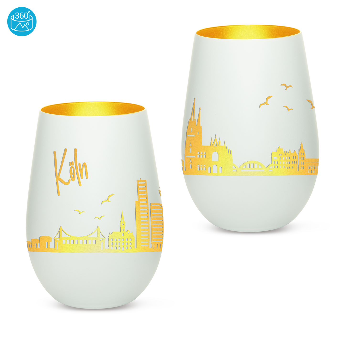 Hochwertiges Glas Windlicht mit Gravur "SKYLINE KÖLN" in der Farbe Weiß/Gold
