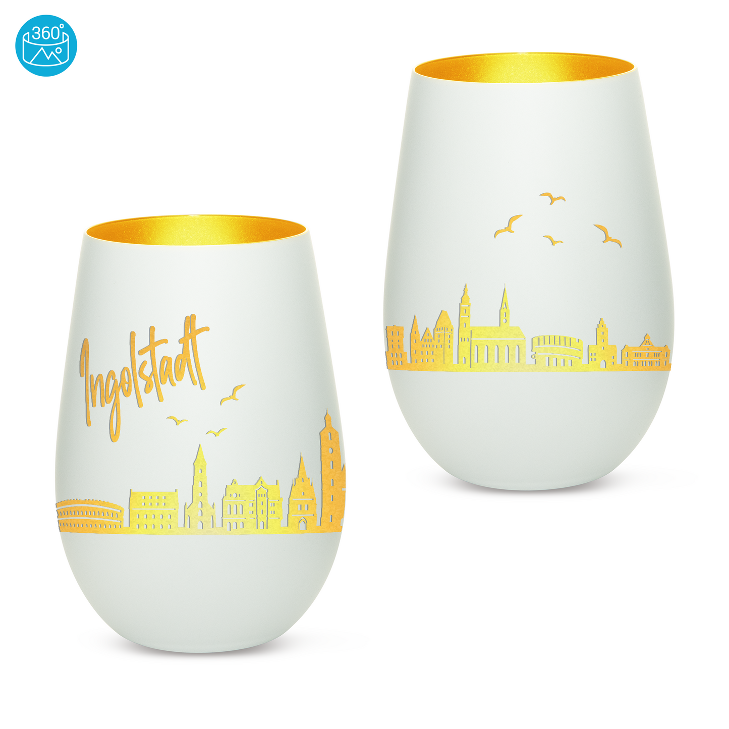 Hochwertiges Glas Windlicht mit Gravur "SKYLINE INGOLSTADT" in der Farbe Weiß/Gold