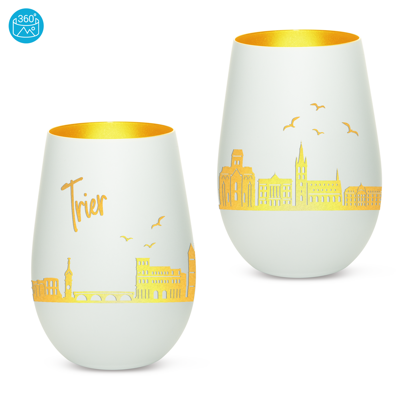 Hochwertiges Glas Windlicht mit Gravur "SKYLINE TRIER" in der Farbe Weiß/Gold