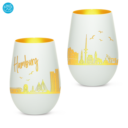Hochwertiges Glas Windlicht mit Gravur "SKYLINE HAMBURG" in der Farbe Weiß/Gold