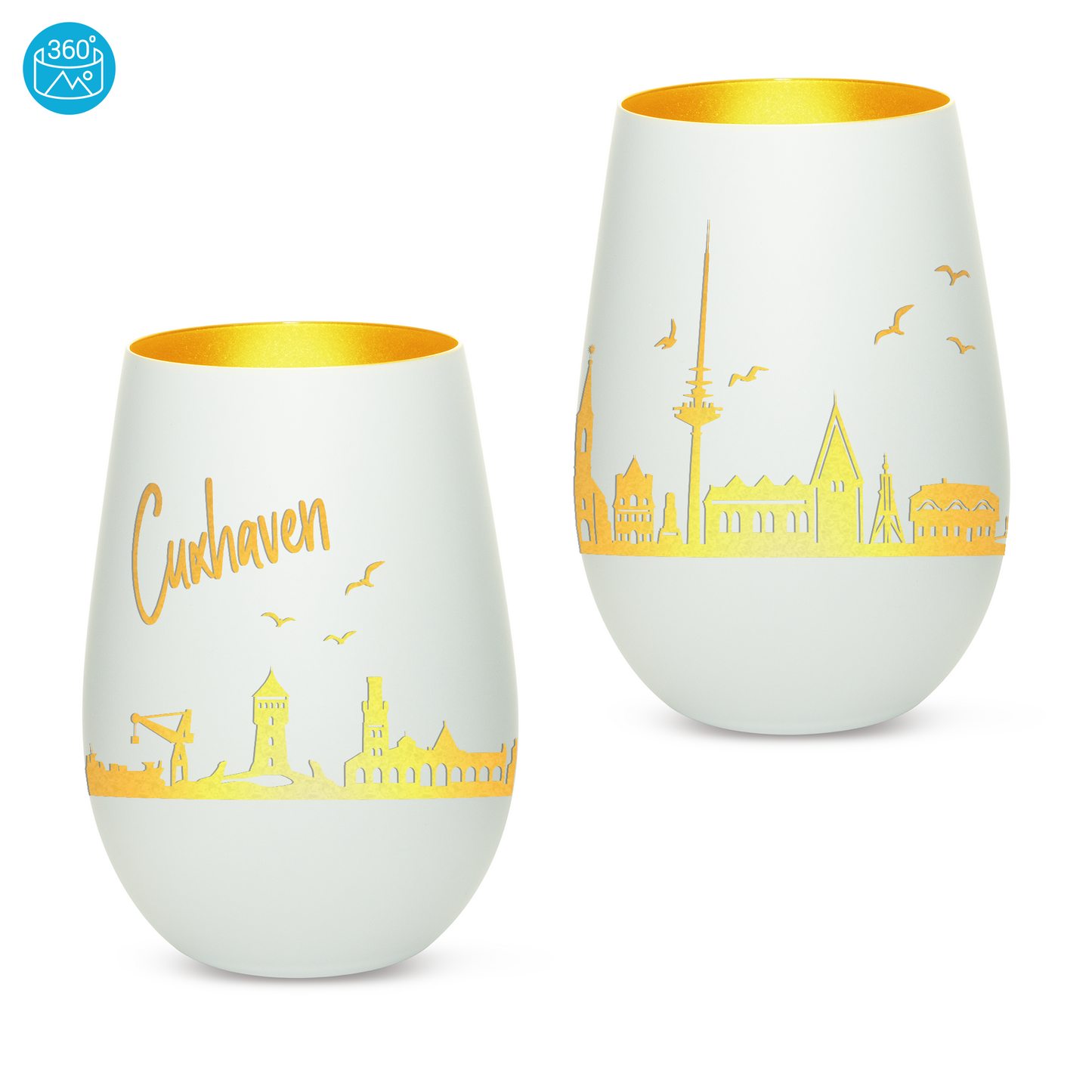 Hochwertiges Glas Windlicht mit Gravur "SKYLINE CUXHAVEN" in der Farbe Weiß/Gold