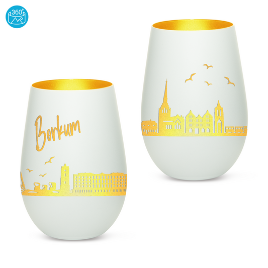 Hochwertiges Glas Windlicht mit Gravur "SKYLINE BORKUM" in der Farbe Weiß/Gold