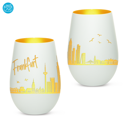 Hochwertiges Glas Windlicht mit Gravur "SKYLINE FRANKFURT" in der Farbe Weiß/Gold