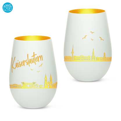 Hochwertiges Glas Windlicht mit Gravur "SKYLINE KAISERSLAUTERN" in der Farbe Weiß/Gold