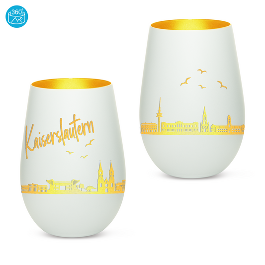 Hochwertiges Glas Windlicht mit Gravur "SKYLINE KAISERSLAUTERN" in der Farbe Weiß/Gold