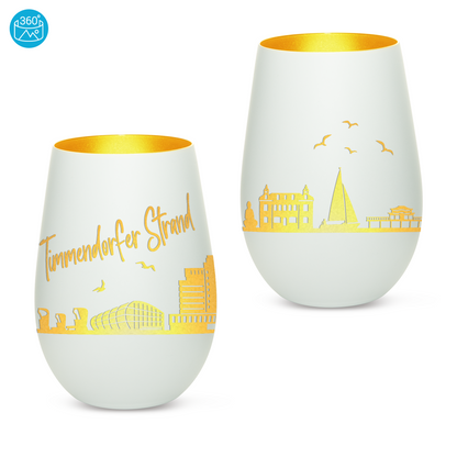 Hochwertiges Glas Windlicht mit Gravur "SKYLINE TIMMENDORFER STRAND" in der Farbe Weiß/Gold