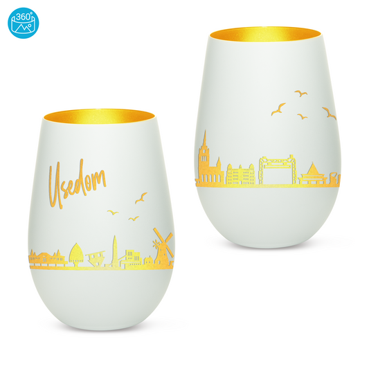 Hochwertiges Glas Windlicht mit Gravur "SKYLINE USEDOM" in der Farbe Weiß/Gold