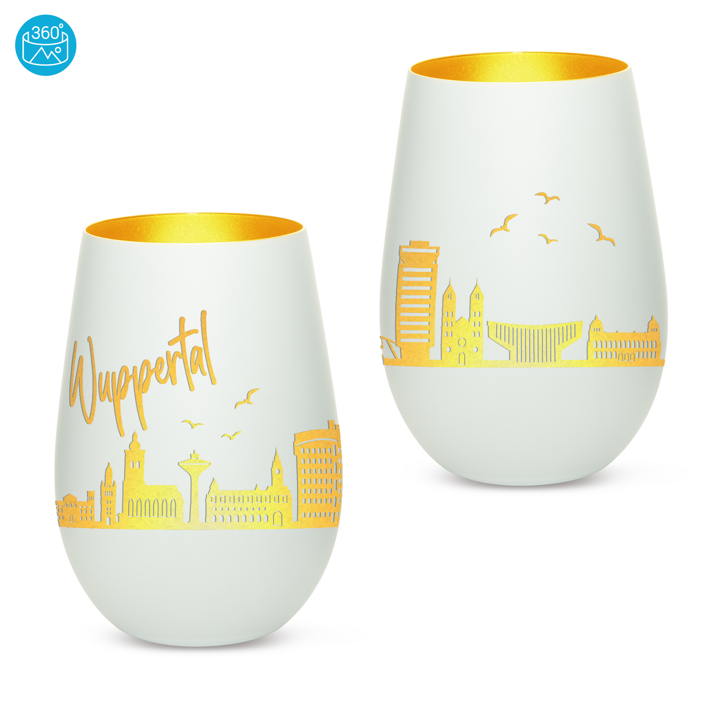 Hochwertiges Glas Windlicht mit Gravur "SKYLINE WUPPERTAL" in der Farbe Weiß/Gold
