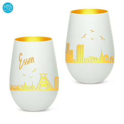 Hochwertiges Glas Windlicht mit Gravur "SKYLINE ESSEN" in der Farbe Weiß/Gold