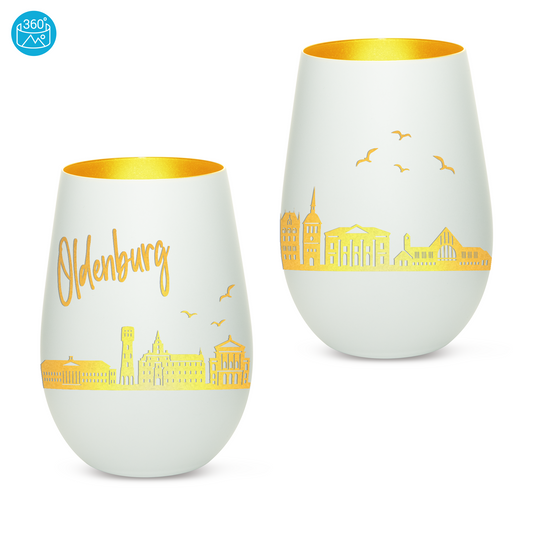 Hochwertiges Glas Windlicht mit Gravur "SKYLINE OLDENBURG" in der Farbe Weiß/Gold
