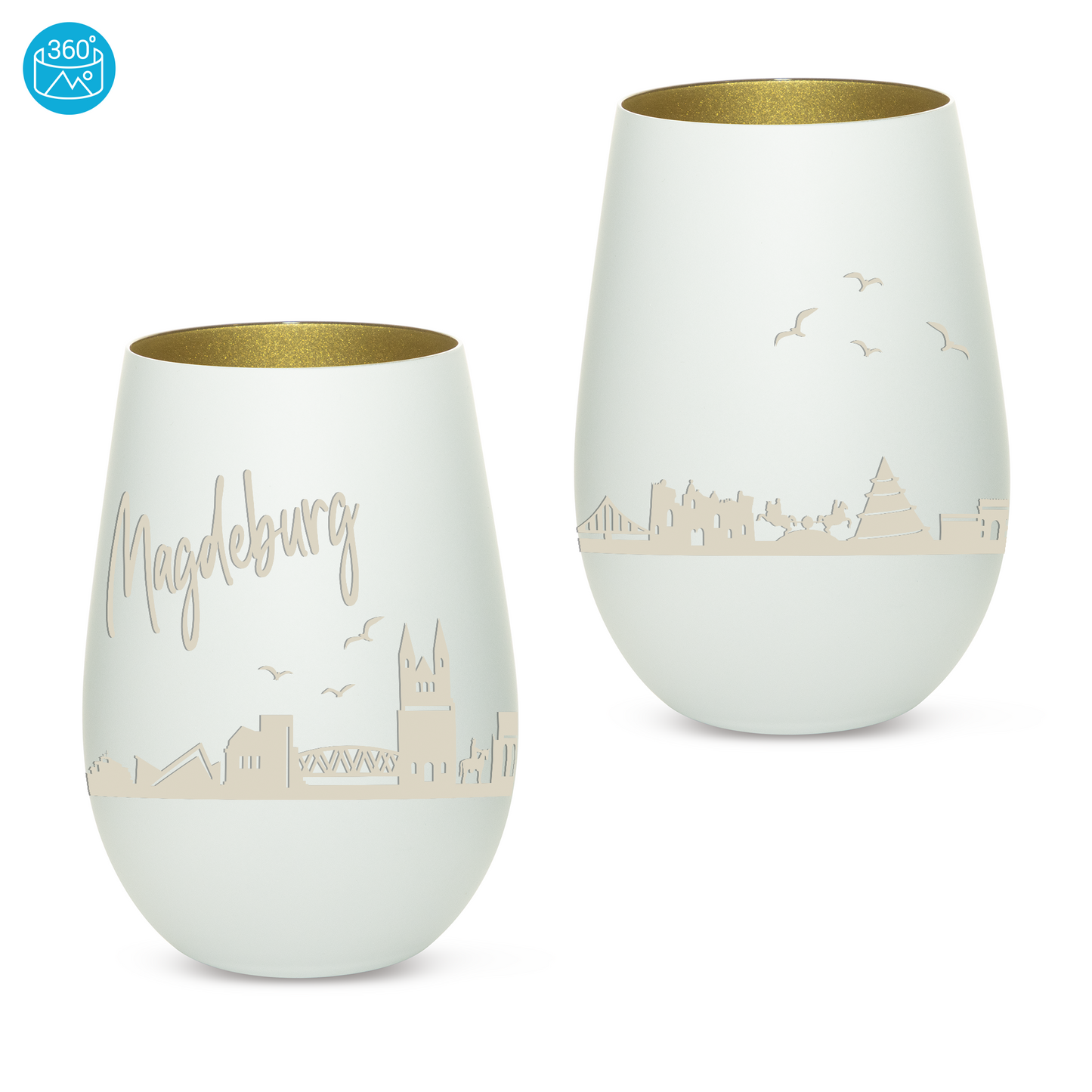 Hochwertiges Glas Windlicht mit Gravur "SKYLINE MAGDEBURG" in der Farbe Weiß/Gold