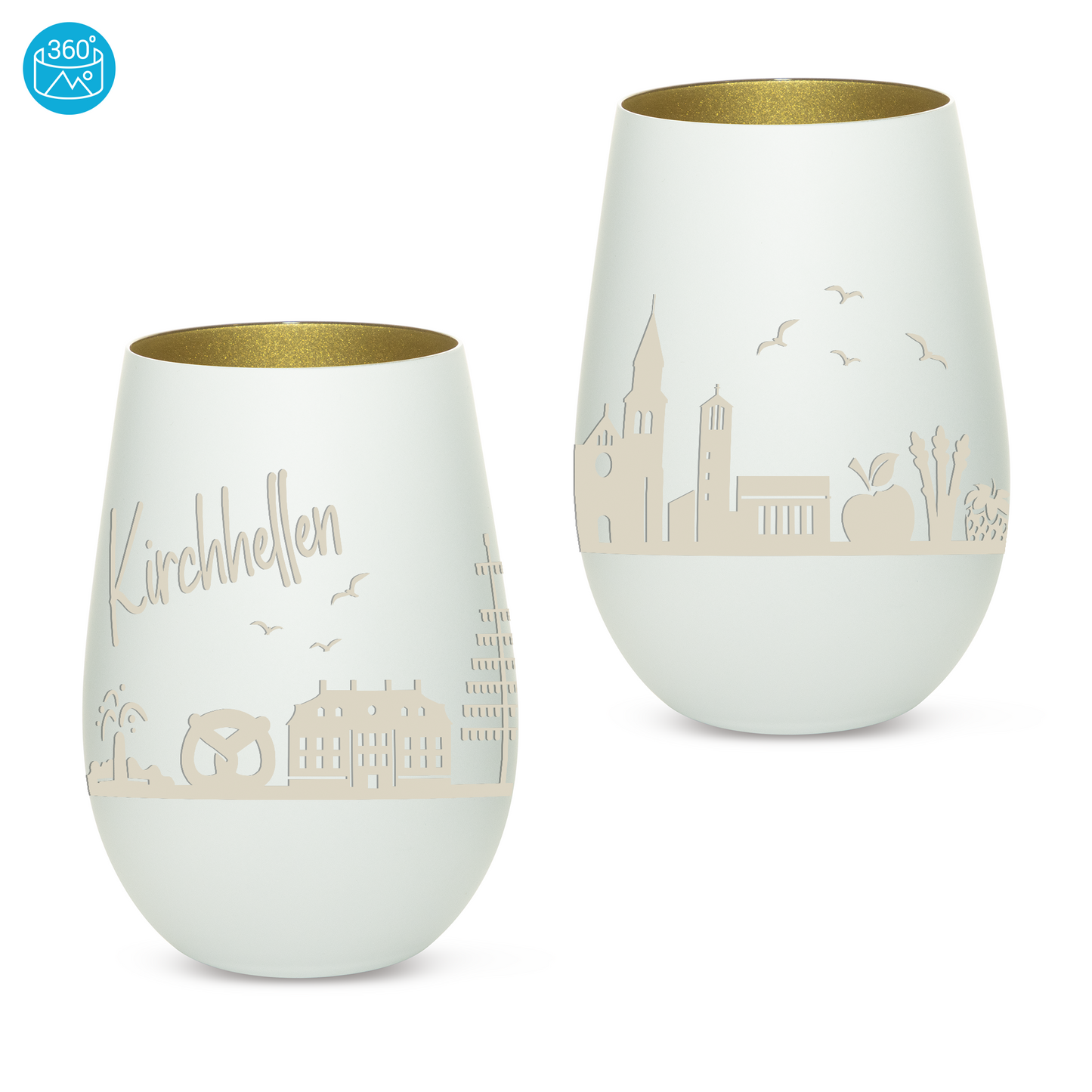 Hochwertiges Glas Windlicht mit Gravur "SKYLINE KIRCHHELLEN" in der Farbe Weiß/Gold