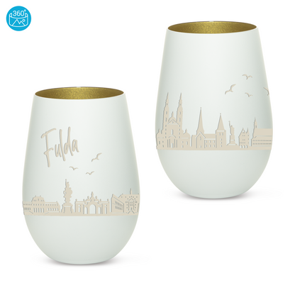 Hochwertiges Glas Windlicht mit Gravur "SKYLINE FULDA" in der Farbe Weiß/Gold