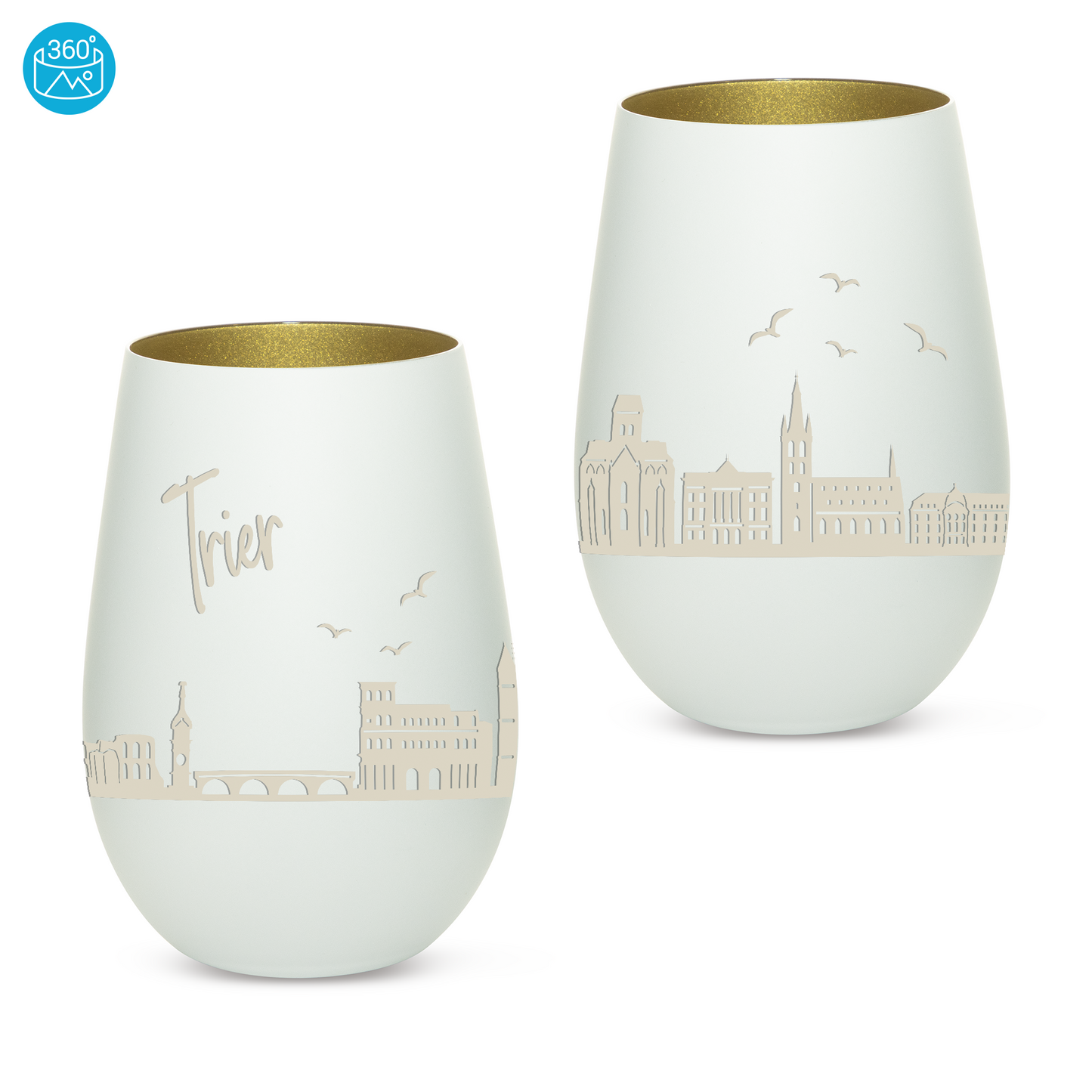 Hochwertiges Glas Windlicht mit Gravur "SKYLINE TRIER" in der Farbe Weiß/Gold