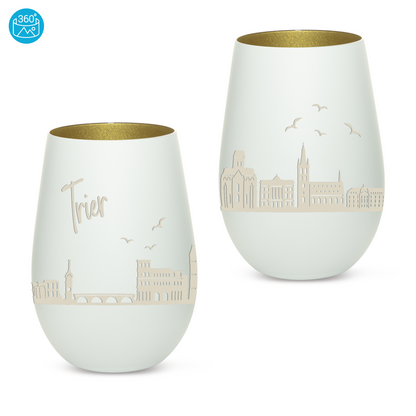 Hochwertiges Glas Windlicht mit Gravur "SKYLINE TRIER" in der Farbe Weiß/Gold