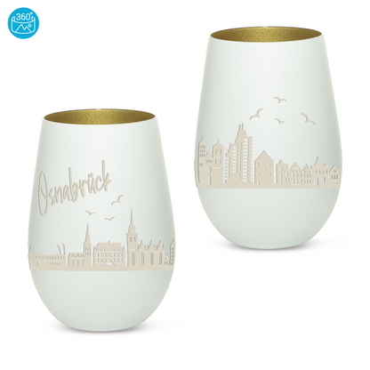 Hochwertiges Glas Windlicht mit Gravur "SKYLINE OSNABRÜCK" in der Farbe Weiß/Gold