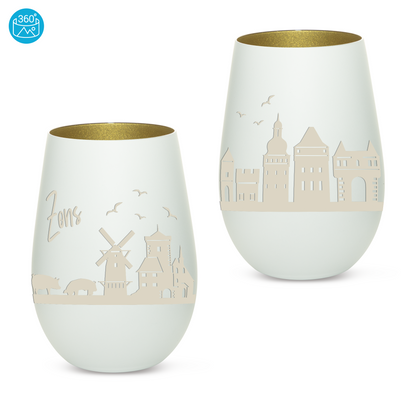 Hochwertiges Glas Windlicht mit Gravur "SKYLINE ZONS (DORMAGEN)" in der Farbe Weiß/Gold