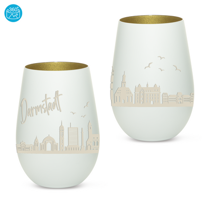 Hochwertiges Glas Windlicht mit Gravur "SKYLINE DARMSTADT" in der Farbe Weiß/Gold