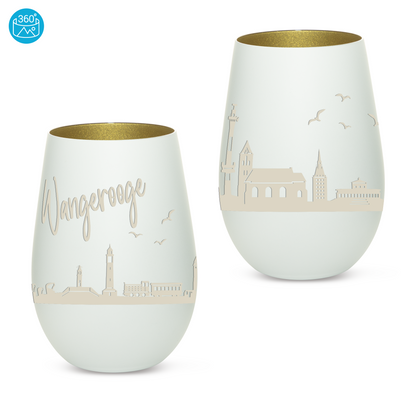Hochwertiges Glas Windlicht mit Gravur "SKYLINE WANGEROOGE" in der Farbe Weiß/Gold