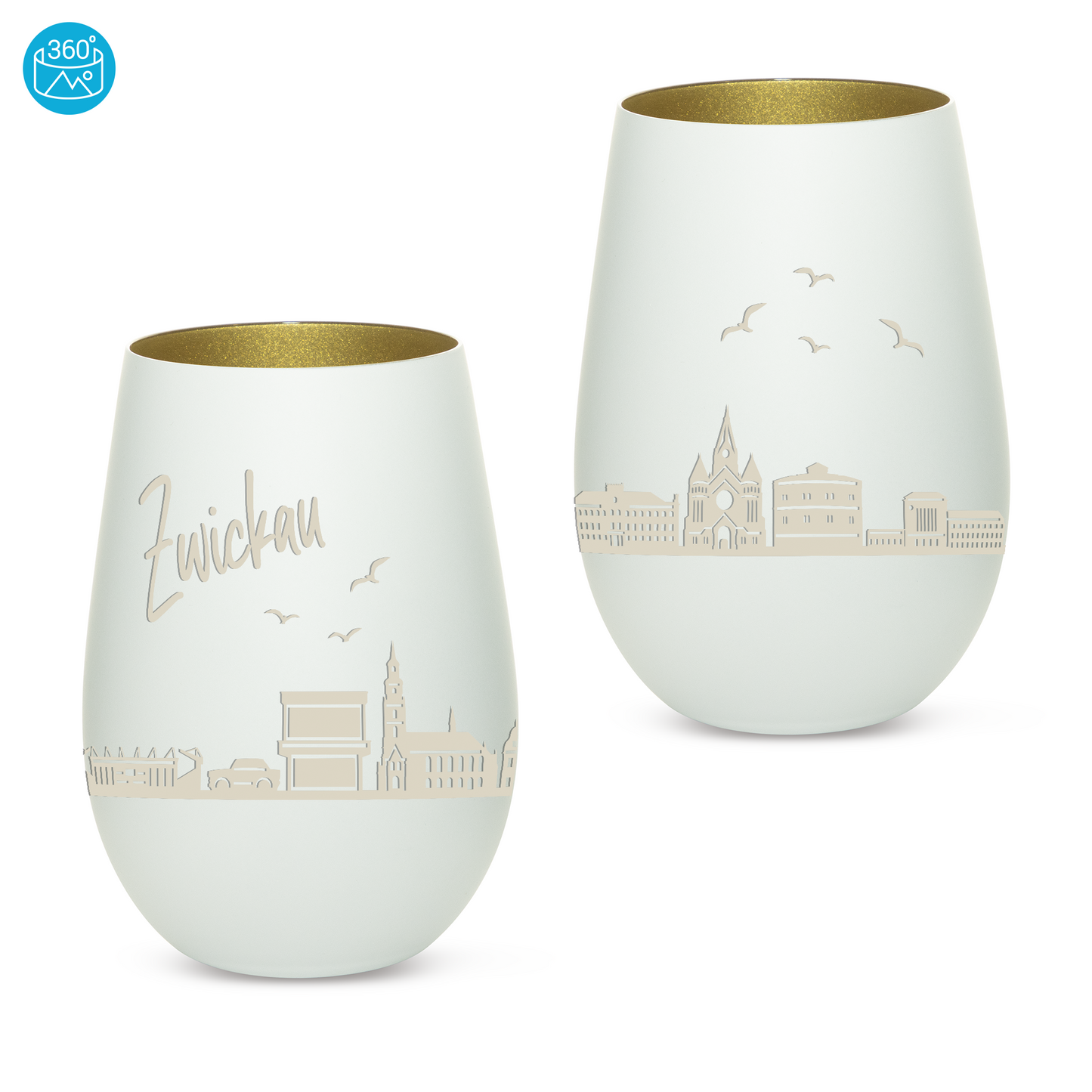 Hochwertiges Glas Windlicht mit Gravur "SKYLINE ZWICKAU" in der Farbe Weiß/Gold