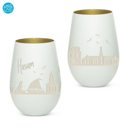 Hochwertiges Glas Windlicht mit Gravur "SKYLINE HUSUM" in der Farbe Weiß/Gold