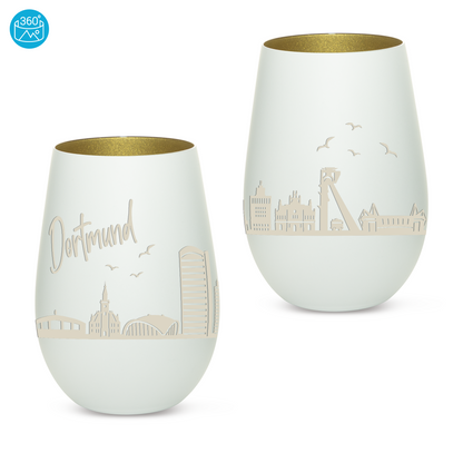 Hochwertiges Glas Windlicht mit Gravur "SKYLINE DORTMUND" in der Farbe Weiß/Gold