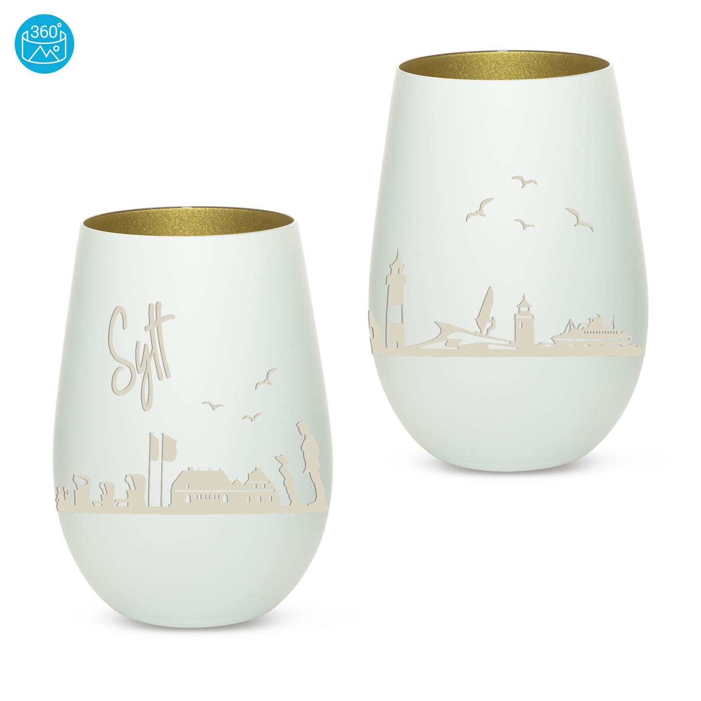 Hochwertiges Glas Windlicht mit Gravur "SKYLINE SYLT" in der Farbe Weiß/Gold