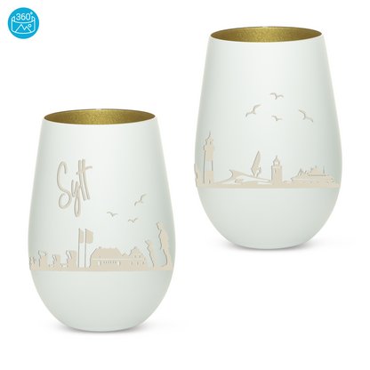 Hochwertiges Glas Windlicht mit Gravur "SKYLINE SYLT" in der Farbe Weiß/Gold