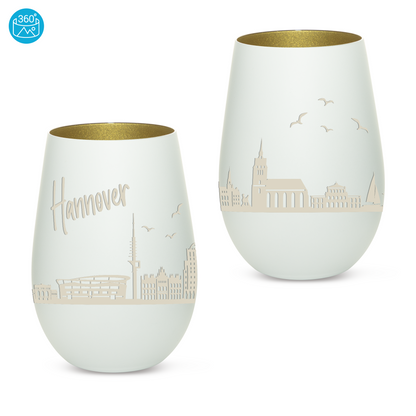 Hochwertiges Glas Windlicht mit Gravur "SKYLINE HANNOVER" in der Farbe Weiß/Gold