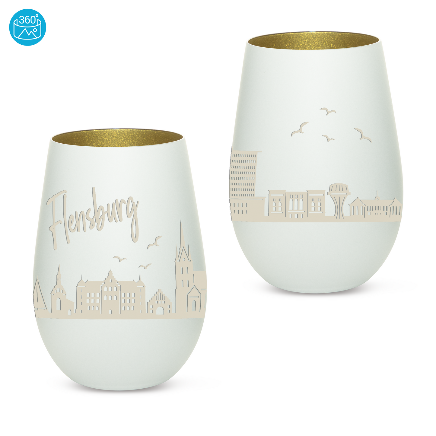 Hochwertiges Glas Windlicht mit Gravur "SKYLINE FLENSBURG" in der Farbe Weiß/Gold