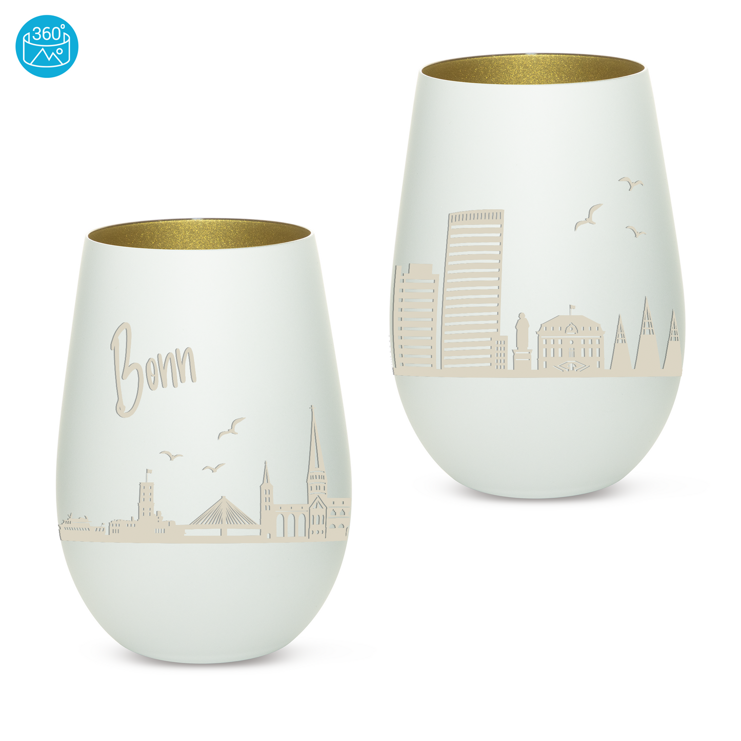 Hochwertiges Glas Windlicht mit Gravur "SKYLINE BONN" in der Farbe Weiß/Gold
