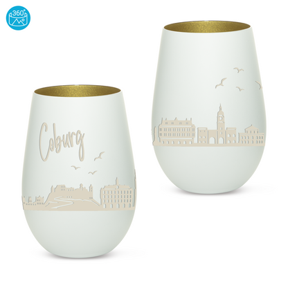 Hochwertiges Glas Windlicht mit Gravur "SKYLINE COBURG" in der Farbe Weiß/Gold