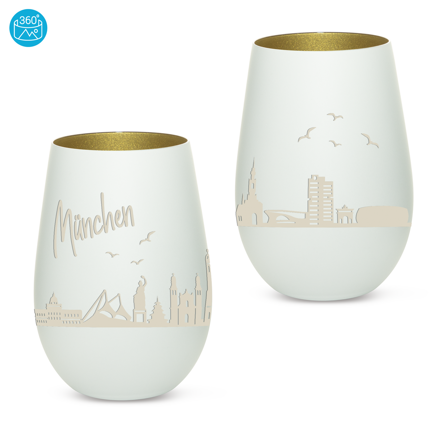 Hochwertiges Glas Windlicht mit Gravur "SKYLINE MÜNCHEN" in der Farbe Weiß/Gold