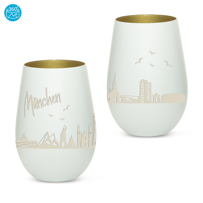 Hochwertiges Glas Windlicht mit Gravur "SKYLINE MÜNCHEN" in der Farbe Weiß/Gold
