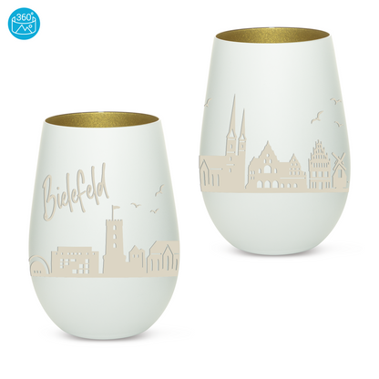 Hochwertiges Glas Windlicht mit Gravur "SKYLINE BIELEFELD" in der Farbe Weiß/Gold